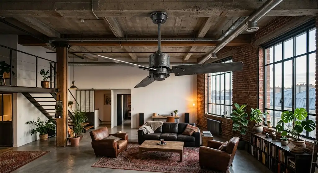 Grand ventilateur de plafond style industriel en métal noir installé dans un salon esprit loft.
