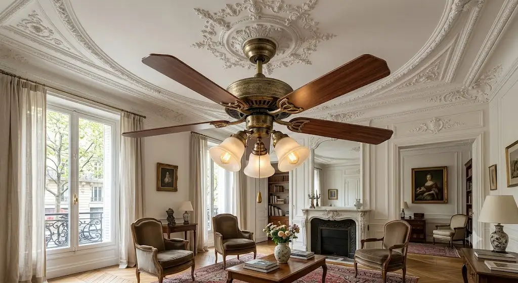 Ventilateur de plafond retro vintage en laiton vieilli installé dans un salon style haussmannien avec moulures