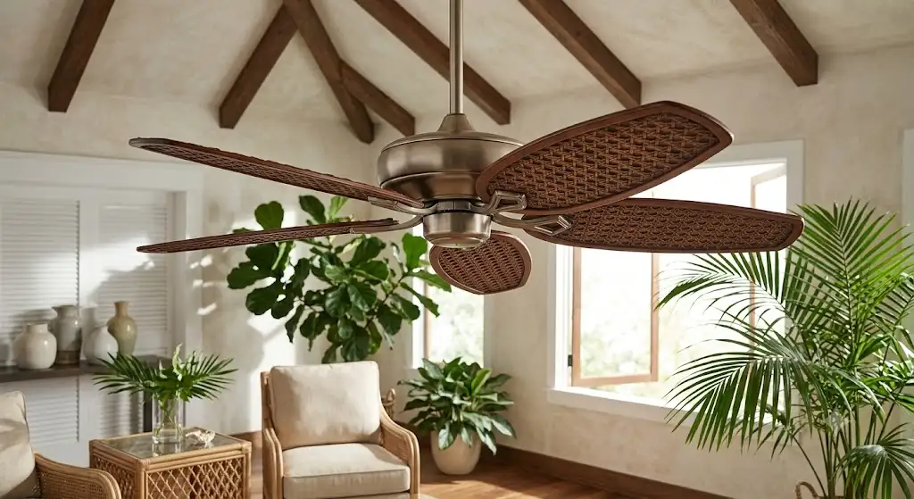 Ventilateur de plafond style colonial tropical avec pales en bois sombre façon rotin