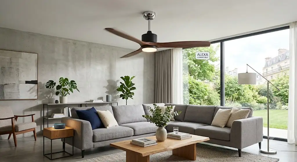 Ventilateur de plafond compatible Alexa au design moderne intégré dans un salon contemporain