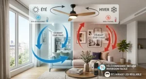 Explanatory diagram of summer and winter mode for a ventilateur de plafond avec lumiere led