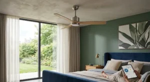 Ventilateur de plafond en bois style scandinave compatible avec l'assistant vocal Alexa