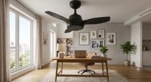 Black industrial style ventilateur de plafond avec lumiere led in a modern room