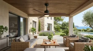Ventilateur de plafond d'extérieur compatible Alexa installé sous une terrasse couverte