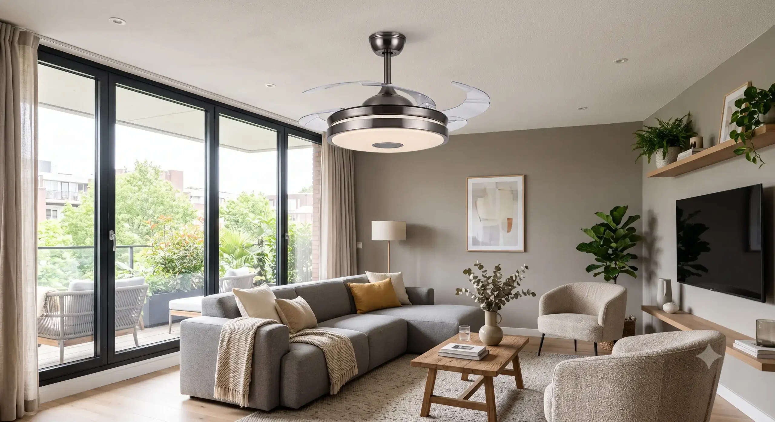 ventilateur de plafond pales retractables avec luminaire LED installé dans un salon moderne