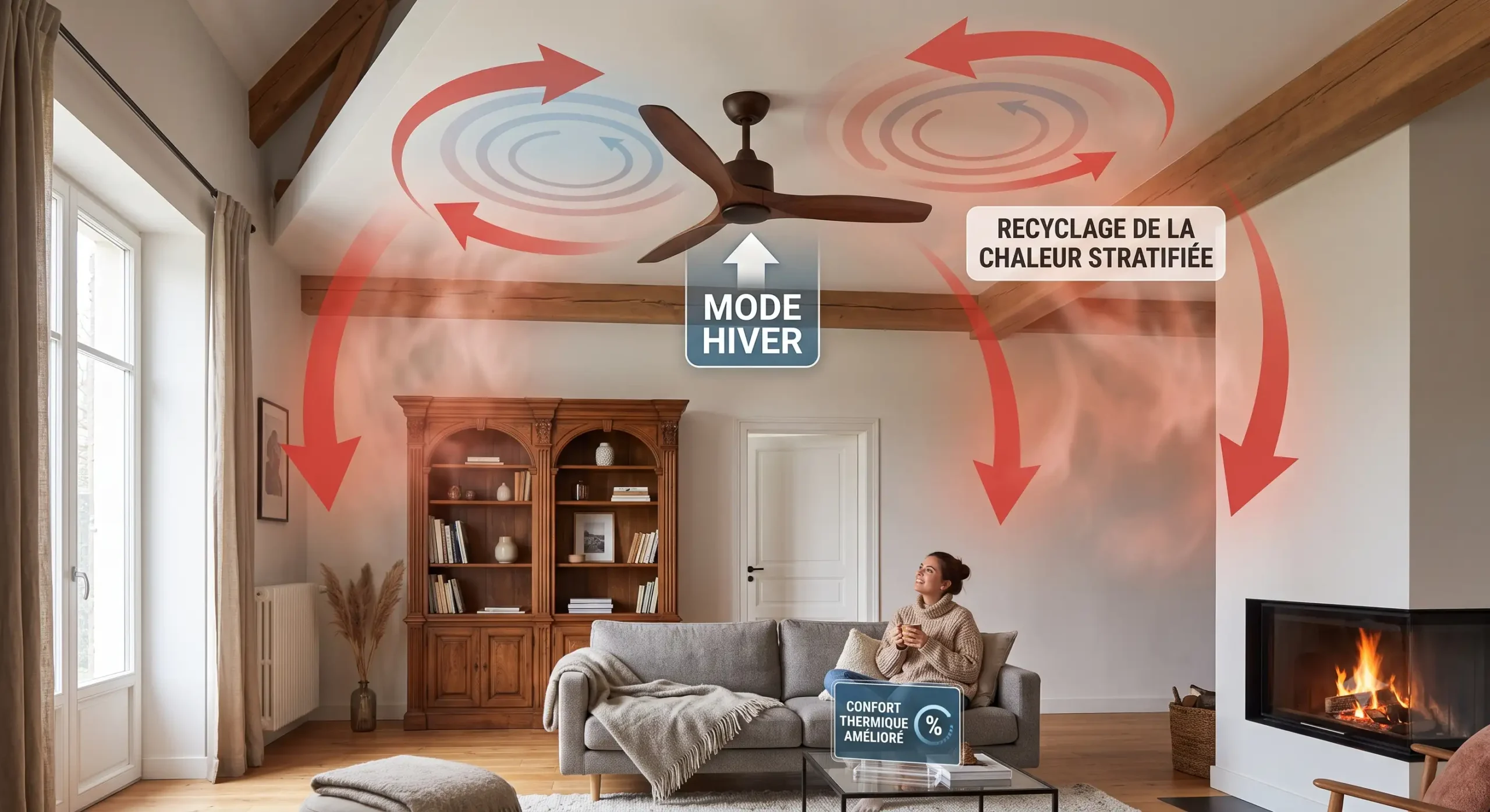 Schéma explicatif des economies chauffage ventilateur de plafond en mode hiver.