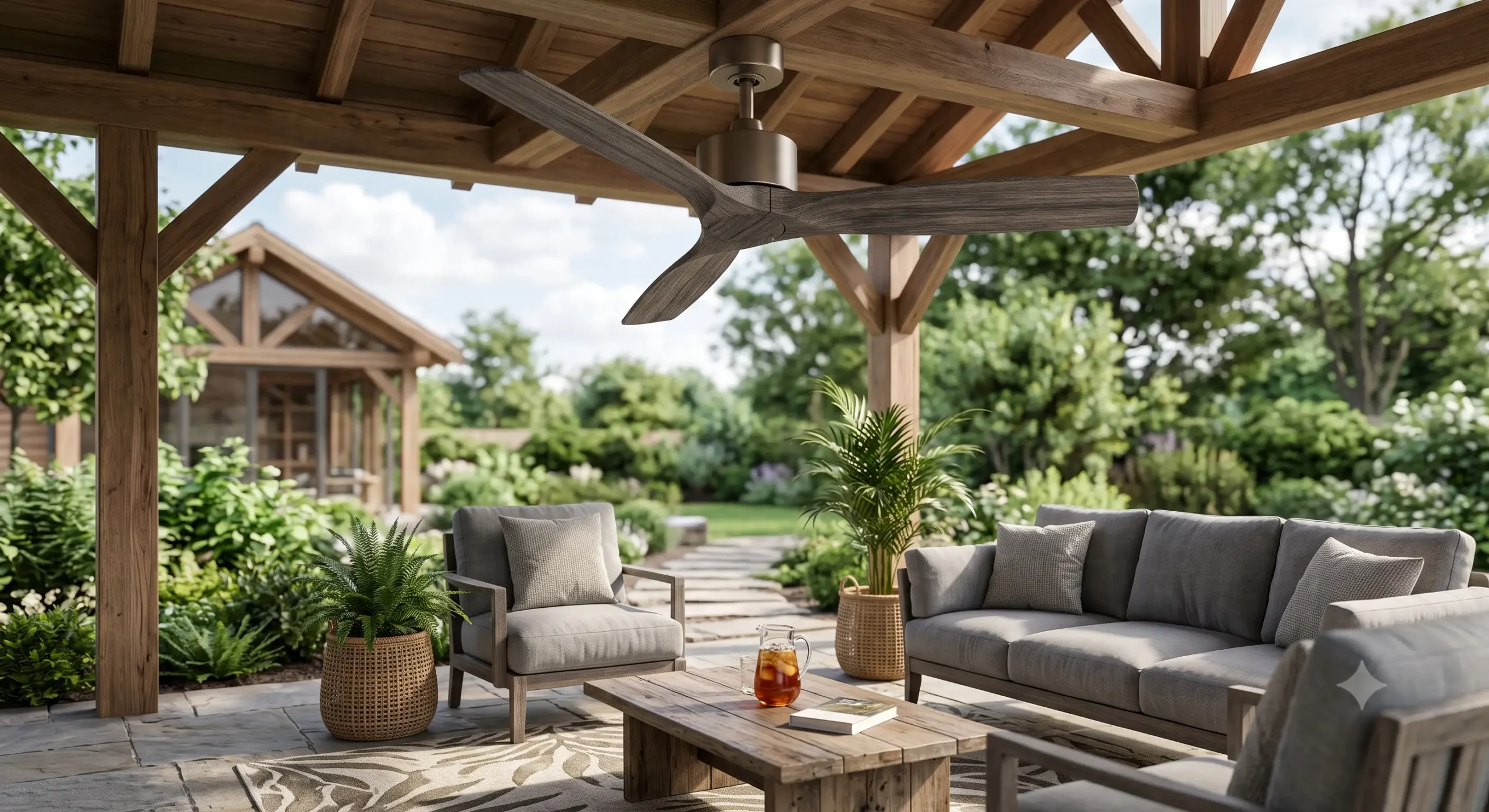 Ventilateur de plafond extérieur en bois silencieux installé sous une terrasse couverte contemporaine