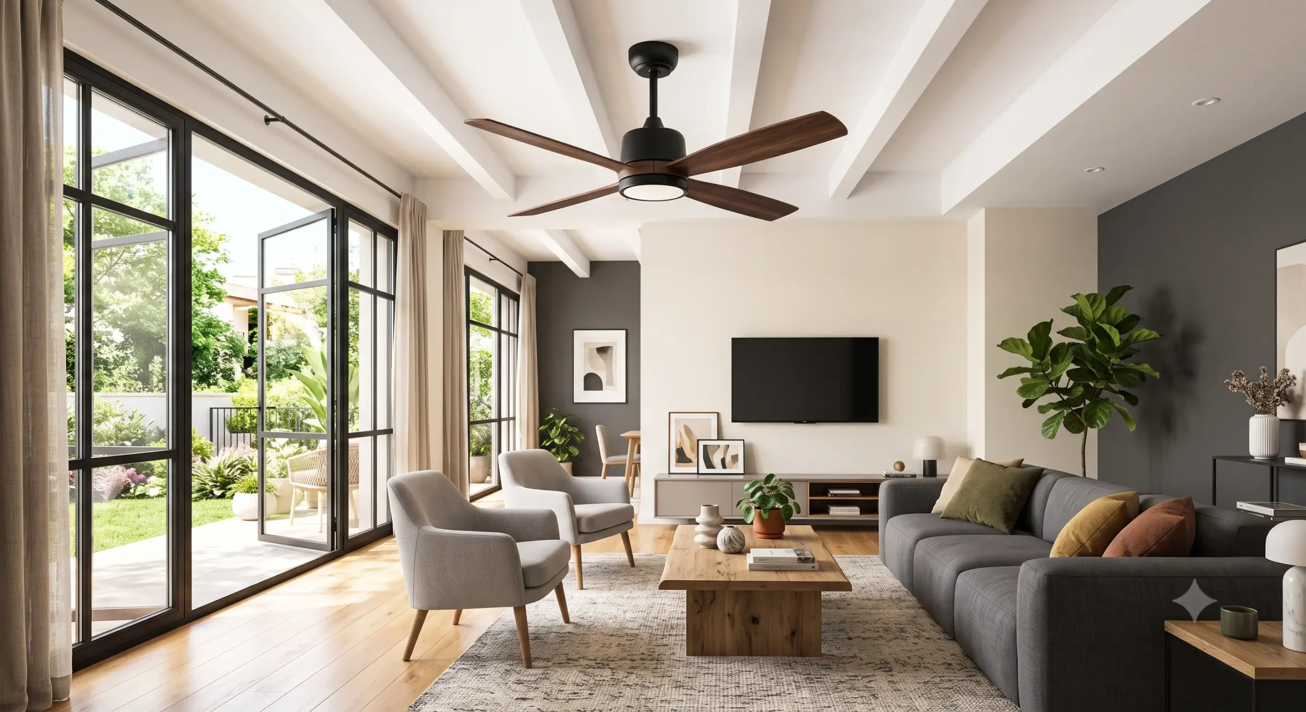 Ventilateur de plafond Cecotec au design moderne installé dans un salon lumineux