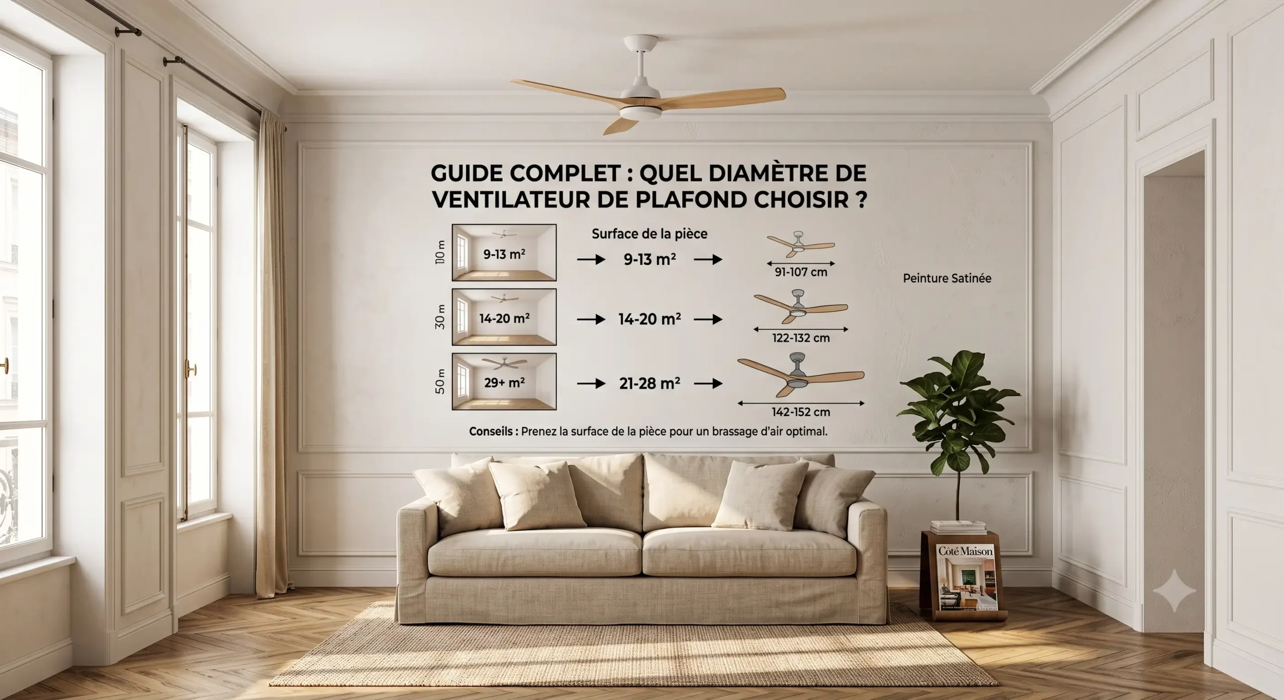 Guide complet pour savoir quel diametre ventilateur de plafond choisir en fonction de la superficie de votre pièce.