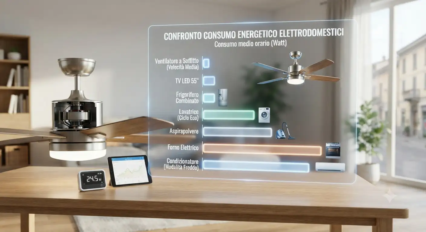Grafico illustrativo sul consumo energetico ventilatore a soffitto in confronto ad altri elettrodomestici