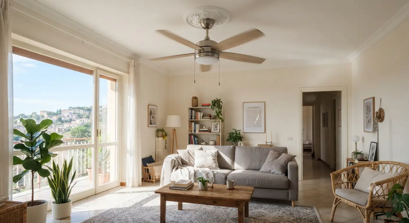 Miglior ventilatore a soffitto economico installato in un soggiorno moderno ed elegante