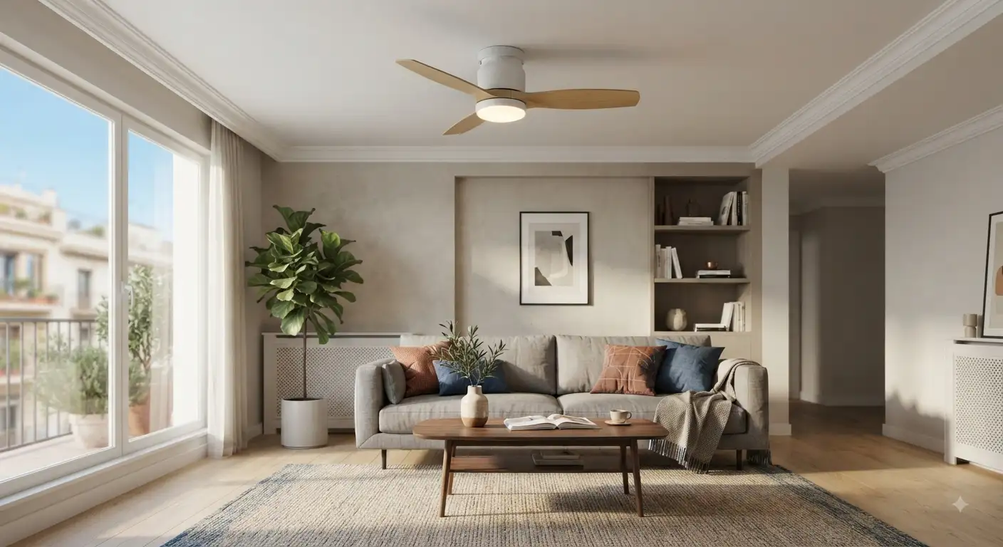 Moderno ventilatore a soffitto per soffitti bassi installato in un soggiorno elegante.