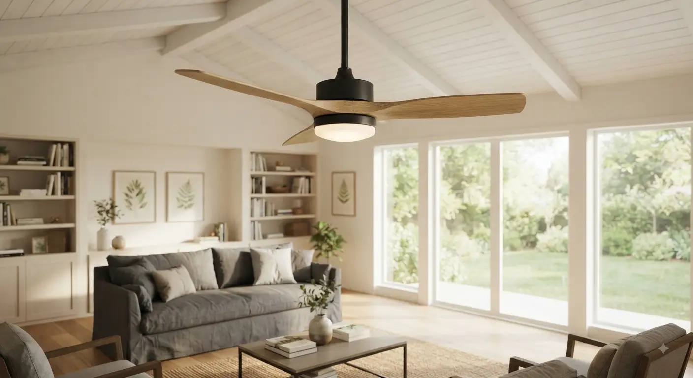 Un elegante ventilatore a soffitto moderno con pale in legno chiaro e un kit luce LED integrato è installato in un luminoso soggiorno con travi a vista. L'apparecchio è in funzione sopra un'area salotto con divani e piante, illuminato da luce naturale proveniente da ampie finestre