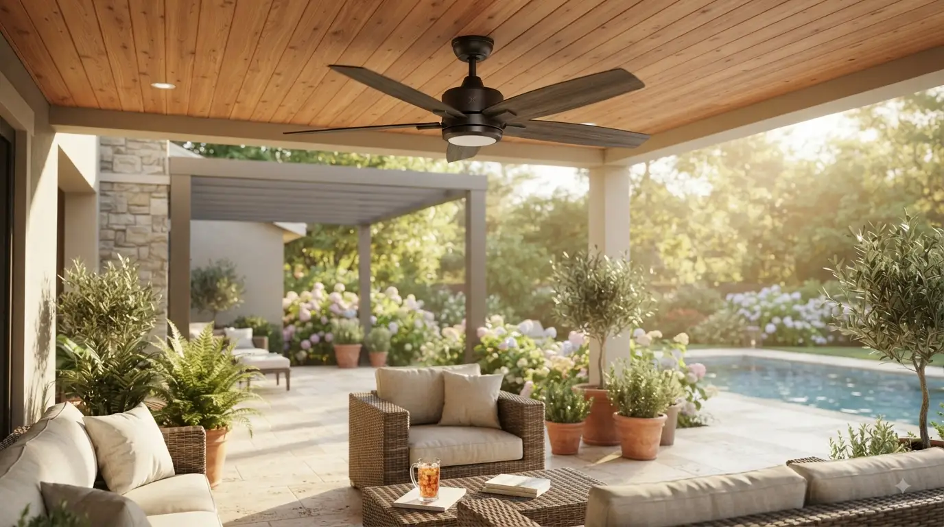 Primo piano di uno dei migliori ventilatori a soffitto da esterno, installato su un elegante patio coperto con travi in legno. Il ventilatore, dal design moderno con pale scure e finiture metalliche, è in funzione e crea un ambiente fresco e accogliente. Sullo sfondo, un giardino lussureggiante illuminato dalla luce naturale del sole.
