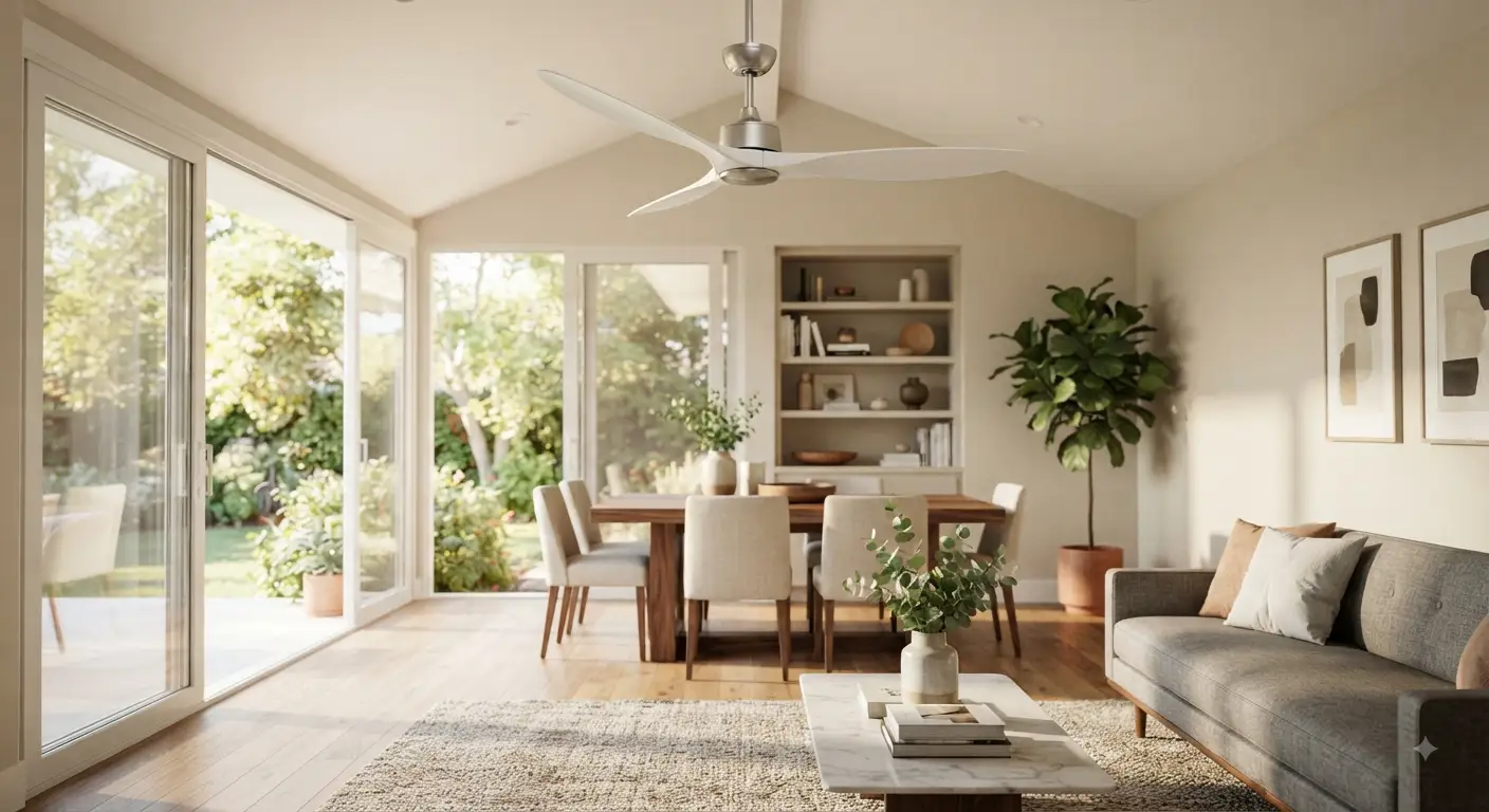 Una moderna sala da pranzo illuminata dal sole con un elegante ventilatore a soffitto bianco a pale piatte, noto per il suo funzionamento silenzioso, che gira delicatamente sopra un tavolo da pranzo in legno massiccio