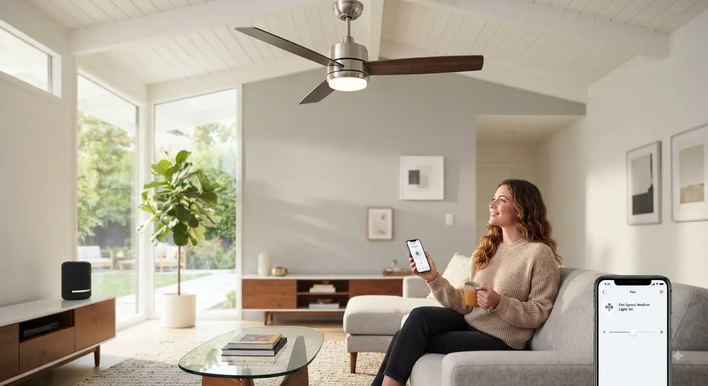 Una donna sorridente, seduta su un divano in un moderno soggiorno illuminato dalla luce naturale, utilizza un'app per smartphone per controllare un ventilatore a soffitto smart di design, con pale in legno e luce integrata