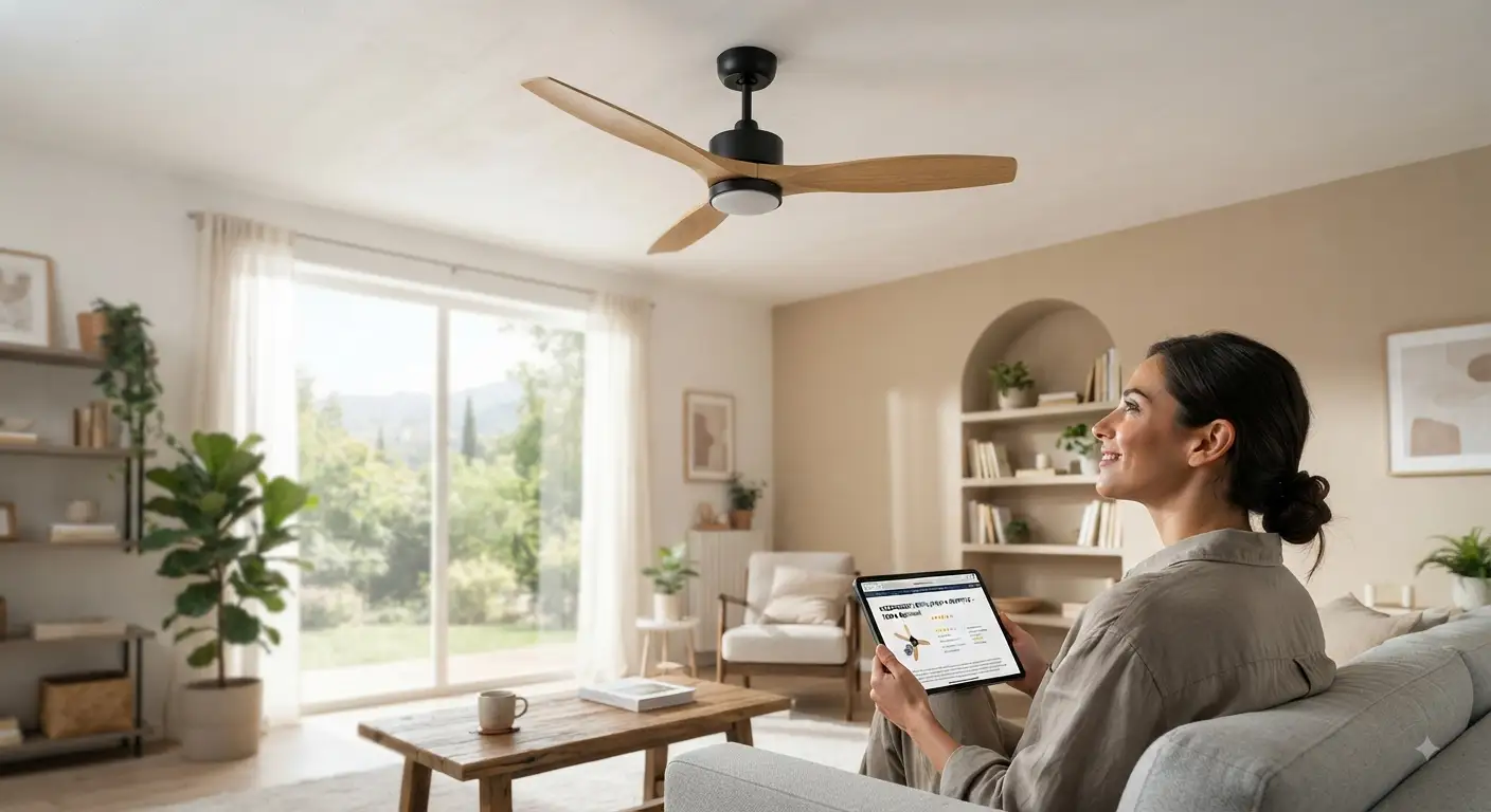 Una moderna plafoniera ventilatore in legno e metallo installata in un elegante soggiorno con luce naturale, perfetta per le recensioni di ventilatori a soffitto.