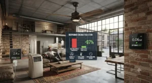 Grafico o illustrazione del risparmio energetico garantito da un ventilatore a soffitto smart durante l'estate 


