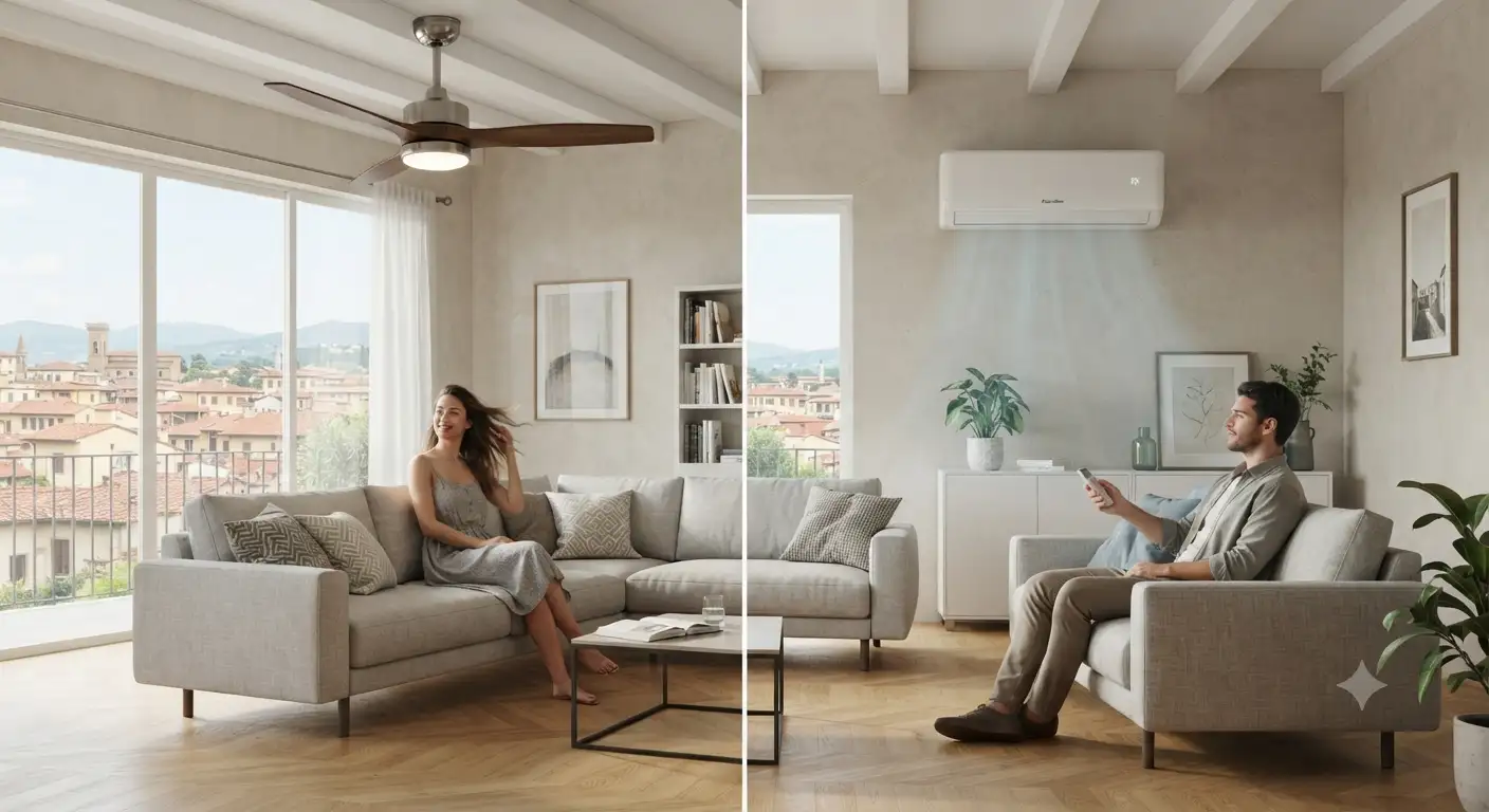 Confronto visivo tra un ventilatore a soffitto e un climatizzatore per la scelta del sistema di raffrescamento ideale in casa.