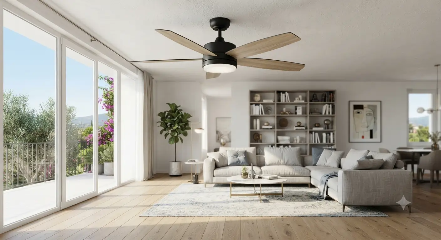Ventilatore a pale reversibili da soffitto con design moderno installato in un soggiorno luminoso.