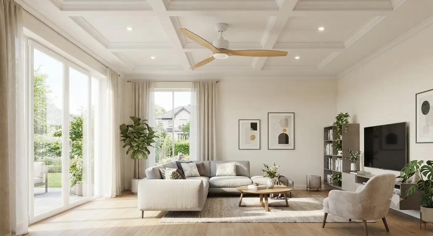 Ventilatore a soffitto 3 pale dal design moderno installato nel soggiorno di una casa luminosa in stile contemporaneo.