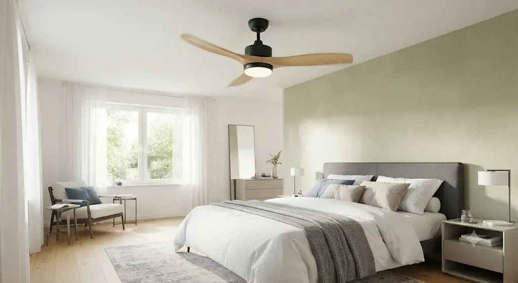 Ventilatore a soffitto per camera da letto con design moderno ed elegante installato in una stanza matrimoniale luminosa
