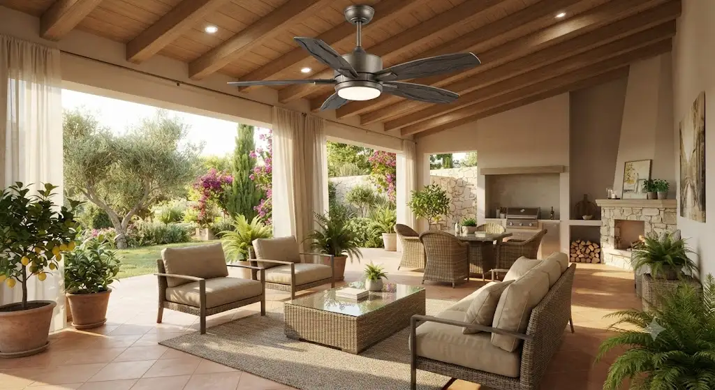 Ventilatore a soffitto da esterno installato su un ampio patio coperto con arredi da giardino eleganti.