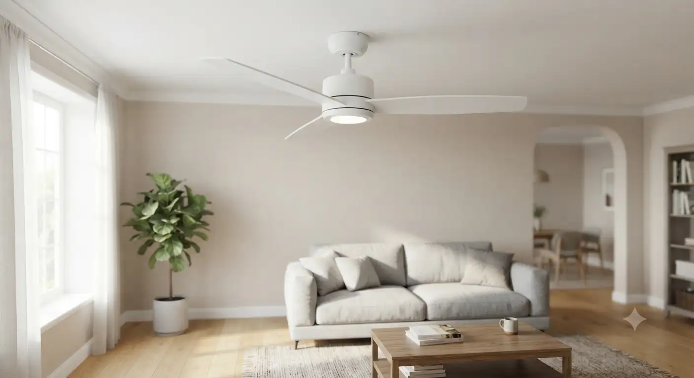 Ventilatore a soffitto economico moderno di colore bianco installato nel soggiorno di una casa