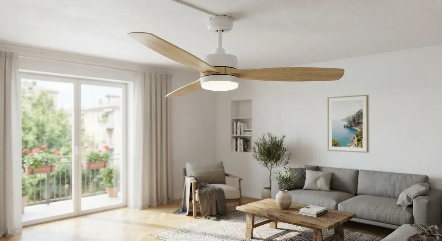 Ventilatore a soffitto economico con pale in legno installato in un soggiorno moderno, ideale per rinfrescare spendendo meno di 100 euro