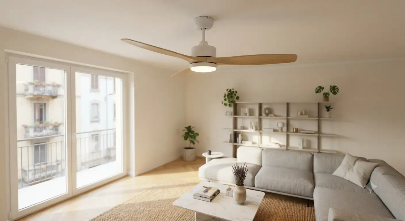 Ventilatore a soffitto per appartamento moderno installato nel soggiorno con pale in legno chiaro