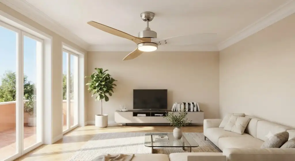 Ventilatore a soffitto reversibile dal design moderno installato nel soggiorno di una casa luminosa, ideale per tutte le stagioni.