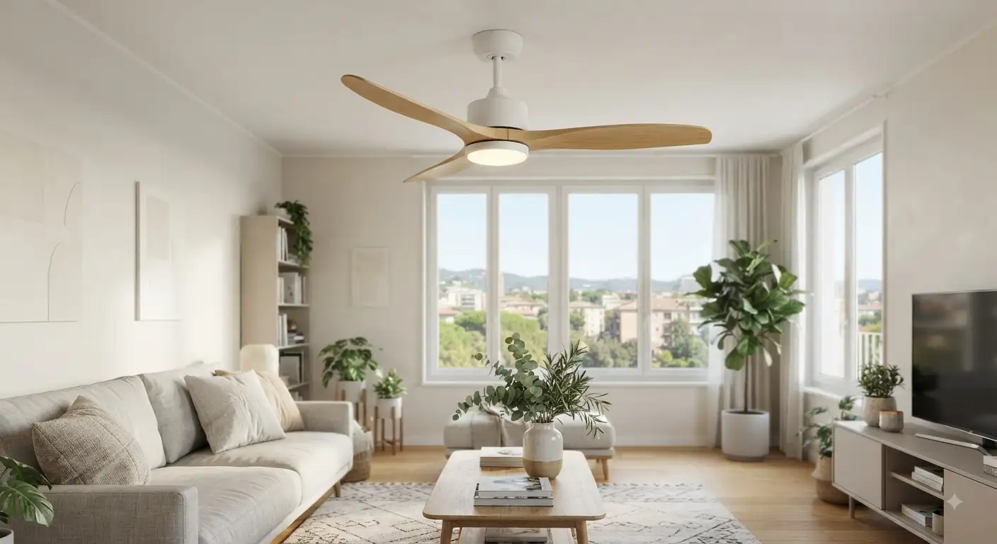 Moderno ventilatore a soffitto senza filo di ricerca installato in un soggiorno luminoso.