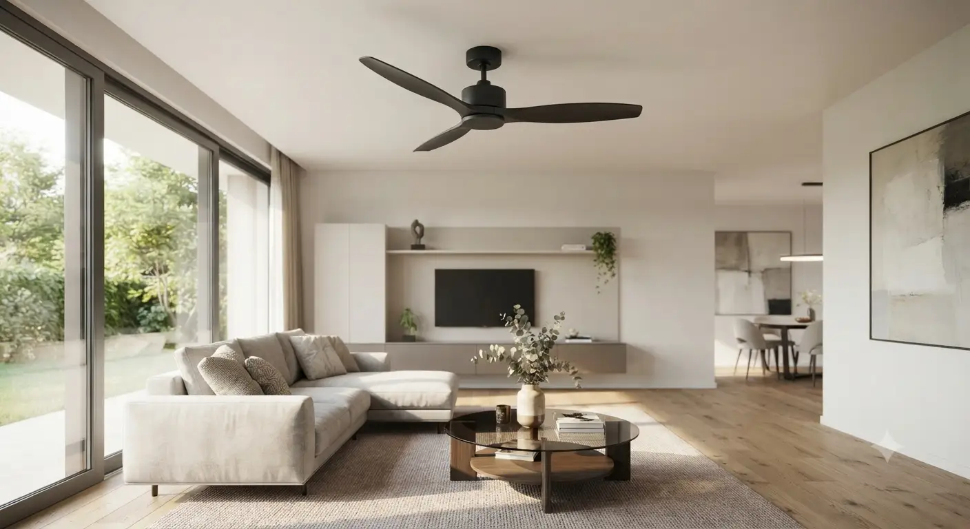 Elegante ventilatore a soffitto senza luce dal design moderno e minimalista installato nel soggiorno di una casa contemporanea.