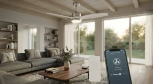 Ventilatore a soffitto smart gestibile tramite applicazione mobile e telecomando digitale 

