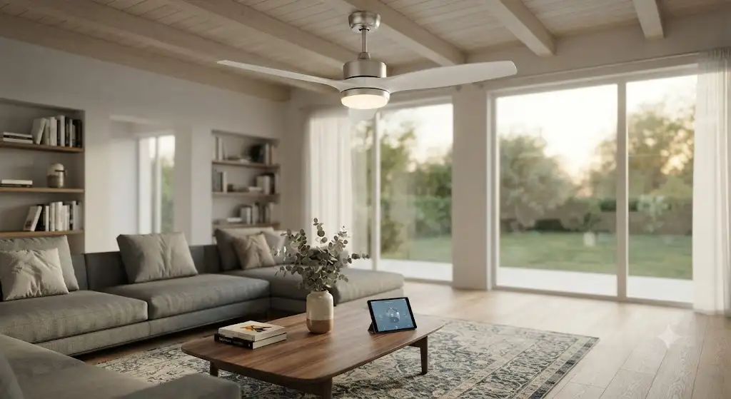 Ventilatore a soffitto smart dal design moderno installato nel soggiorno di una casa elegante