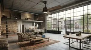 Ventilatore a soffitto smart in stile industriale inserito in un ampio open space moderno 

