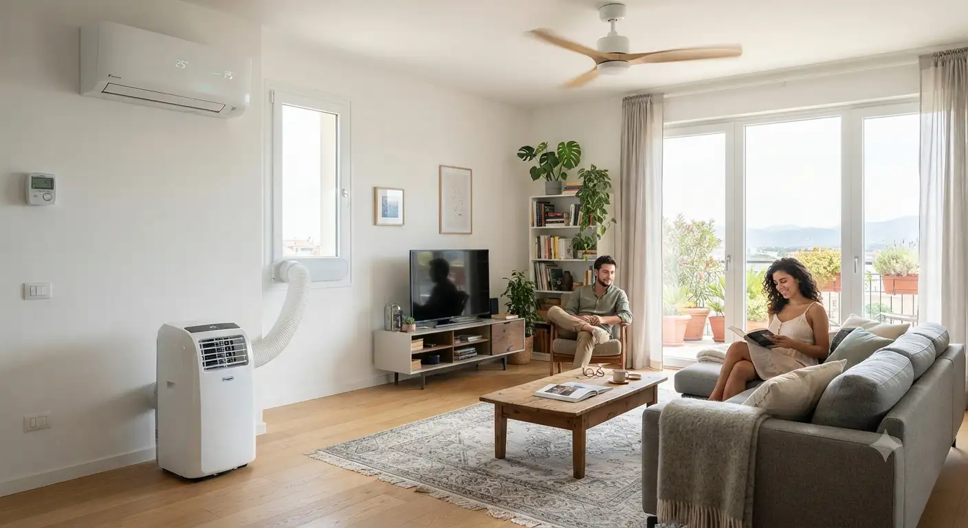 Ventilatore e climatizzatore insieme in un soggiorno moderno per ottimizzare il fresco e risparmiare energia.