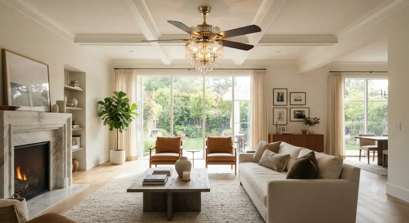 Elegante ventilatore a soffitto con lampadario integrato installato in un luminoso soggiorno moderno.