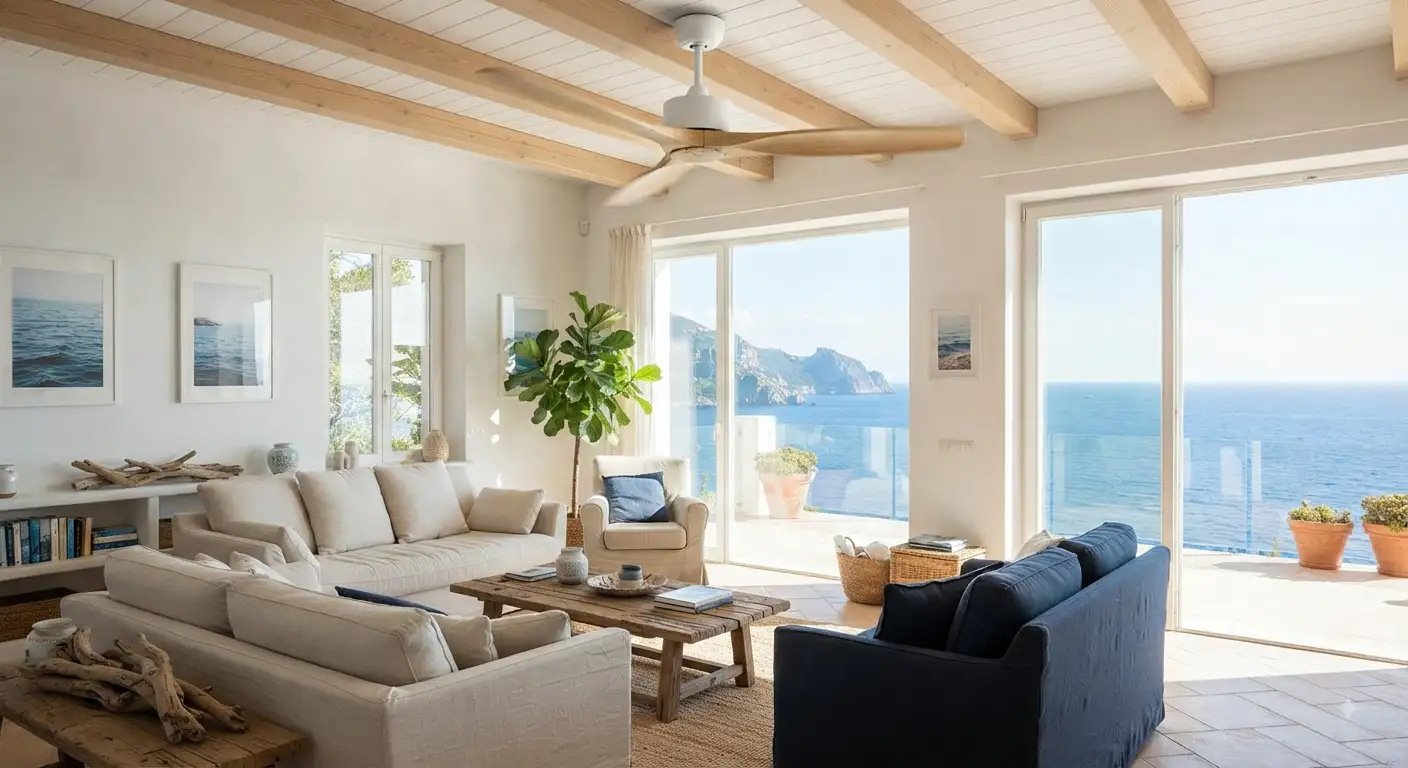 Ventilatore a soffitto dal design moderno installato in un luminoso soggiorno di una casa al mare.
