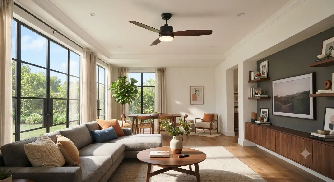 Ventilatore a soffitto moderno con luce dimmerabile installato in un elegante soggiorno luminoso, con illuminazione naturale e dettagli fotorealistici.