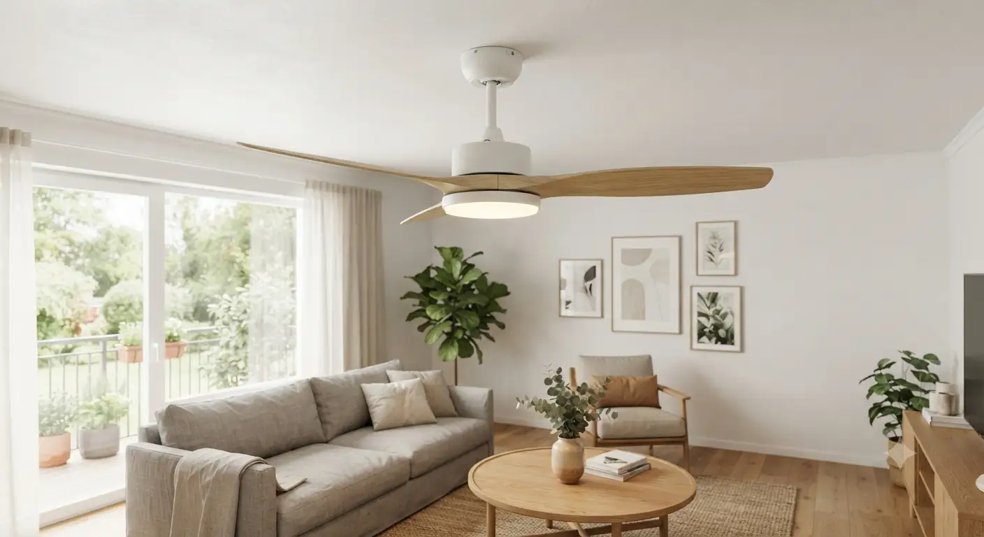 Ventilatore a soffitto moderno dal design elegante con plafoniera LED integrata, perfetto per un'illuminazione efficiente e ventilazione naturale in soggiorno.