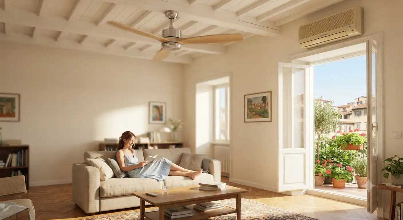 Un moderno ventilatore a soffitto che garantisce un notevole risparmio energetico rispetto al condizionatore in una casa italiana.