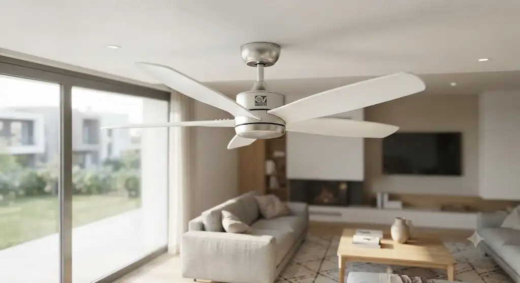 Ventilatore Vortice Helicon da soffitto con pale bianche in soggiorno