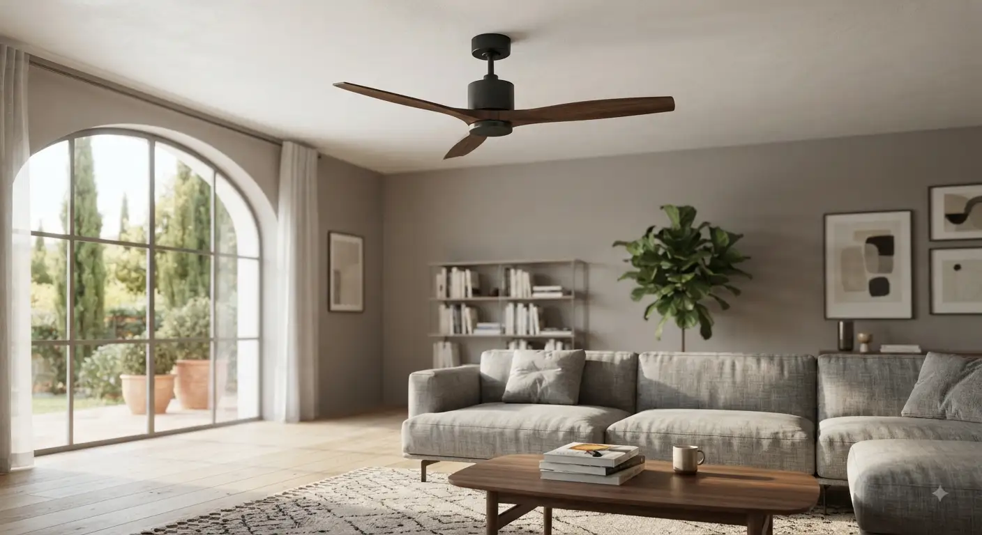 Elegante ventilatore da soffitto Faro Barcelona installato in un moderno soggiorno, che unisce il design del brand spagnolo con l'eccellenza funzionale, illuminato da luce naturale.