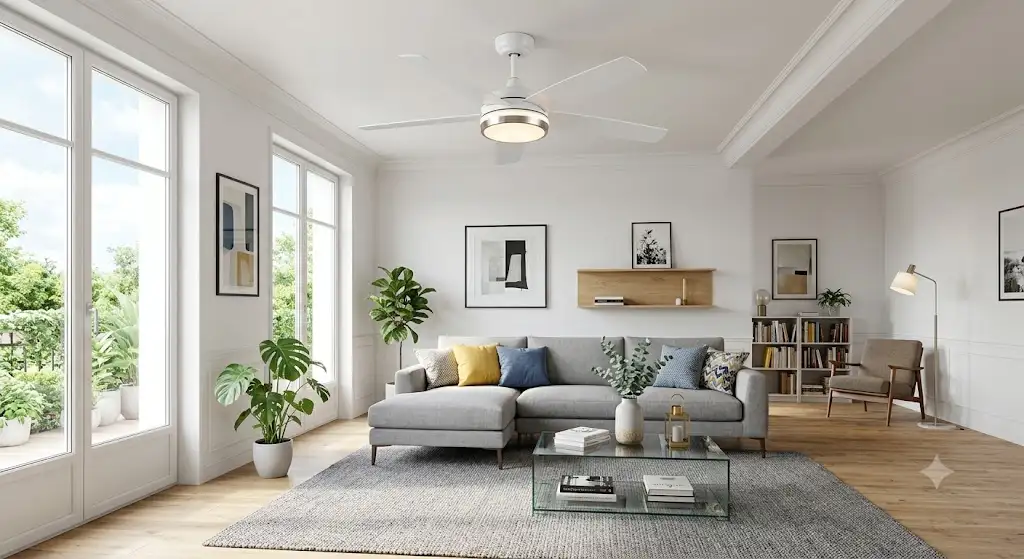 Ventilateur de plafond LED dimmable installé au centre d'un salon moderne lumineux