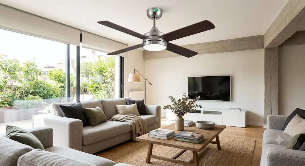 Ventilateur de plafond LED basse consommation avec moteur DC silencieux installé dans un salon contemporain