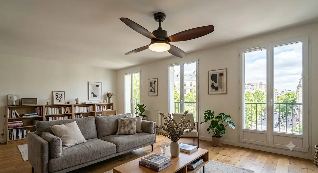 Ventilateur plafonnier combiné avec luminaire LED moderne installé au centre d'un salon contemporain