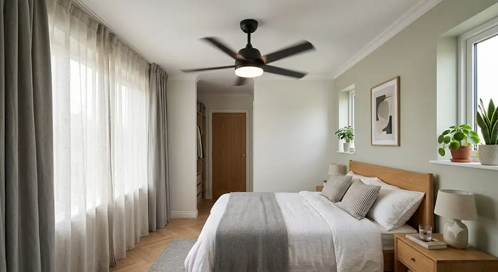 Petit ventilateur de plafond moderne avec lumière LED installé dans une chambre de moins de 10 m². (ventilateur plafonnier petite chambre)