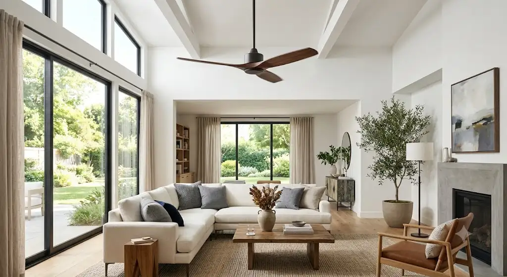 Grand ventilateur de plafond sans lumière installé dans un salon contemporain lumineux