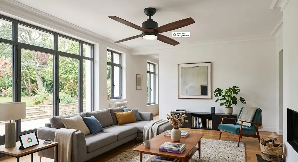 Ventilateur de plafond compatible Google Home installé au centre d'un salon moderne français